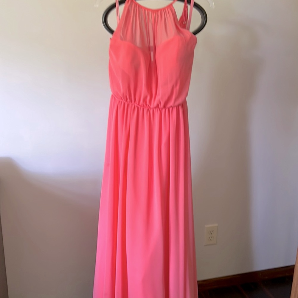 Morilee coral floor length bridesmaid dress, size 14